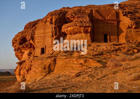 geography / travel, Saudi Arabia, Nabataeer-Graeber at Djabal Al-Ahmar in the first daylight, ADDITIONAL-RIGHTS-CLEARANCE-INFO-NOT-AVAILABLE Stock Photo