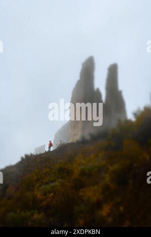 person with a red rain cover in the las animas valley in Bolivia Stock Photo