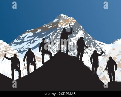 silhouette of seven climbers with ice axe in hand on top of Mount Everest silhouette, mountain vector illustration logo Stock Vector