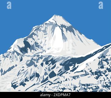 Mount Dhaulagiri peak as seen near Thorung La pass, Mount Annapurna circuit trekking trail, vector illustration, Nepal Himalayas mountains Stock Vector