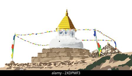 Buddhist stupa or chorten with prayer flags isolated on white background, Buddhism in Nepal Stock Vector
