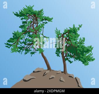 Trees, two pine trees on hill isolated on blue sky background Stock Vector
