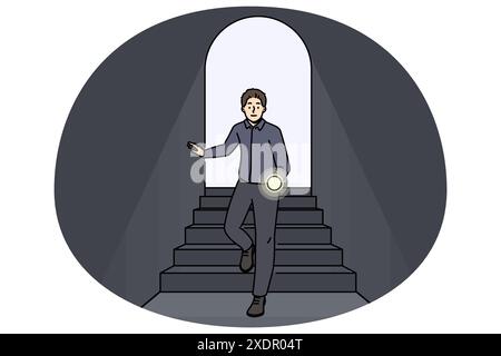 Scared man with flashlight walking in dark tunnel. Frustrated male with light in hands enter black room. Darkness and fear. Vector illustration. Stock Vector