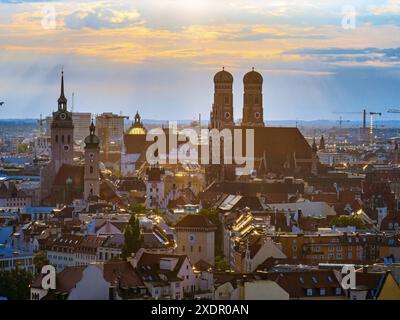 Frauenkirche landmark seen at Sunset in an aerial view - Munich ...