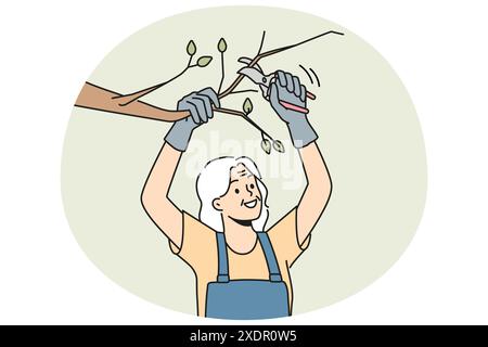 Old woman in uniform cutting branches on tree in garden. Smiling mature pensioner gardening take care of trees. Horticulture and elderly hobby. Vector illustration. Stock Vector