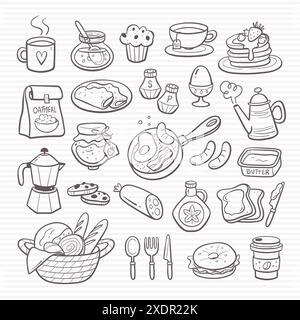 Breakfast food essentials. Hand drawn doodle isolated icons perfect for restaurant menu designs. Cooking bacon and eggs, coffee, bread, tea, butter, c Stock Vector
