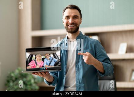 Man Video Chatting With Senior Couple in Car Stock Photo