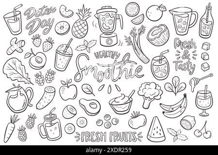 Smoothies food ingredients and essentials. Hand drawn doodle isolated icons perfect for smothie cooking recipes and restaurant menu designs. Fruits, v Stock Vector