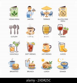 Restaurant icon set. Hand-drawn colorful icons for restaurants: Drinks, special menus, brunch, dinner and more. Set 2 of 4. 16 vector icon set. Stock Vector