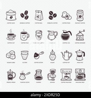 Hand-drawn coffee icons, coffee machines, and essential resources. Different ways to make coffee. Cute doodle style, perfect for decorating coffee sho Stock Vector
