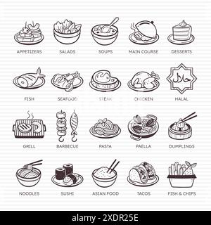 Restaurant icon set. Hand-drawn doodle icons for restaurants: salads, soups, international food and more. Set 4 of 4. 20 vector icon set. Stock Vector