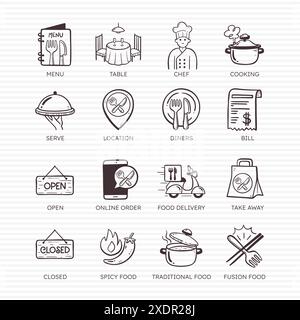 Restaurant icon set. Hand-drawn doodle icons for restaurants: Menu, diners, online orders, types of food and more. Set 1 of 4. 16 vector icon set. Stock Vector