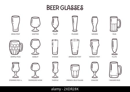 Beer glasses icon set. 18 different types of beer glasses. Perfect for beer drink menu designs. Hand-drawn monochrome vector icons. Stock Vector