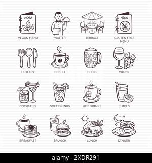 Restaurant icon set. Hand-drawn doodle icons for restaurants: Drinks, special menus, brunch, dinner and more. Set 2 of 4. 16 vector icon set. Stock Vector