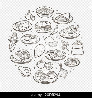 Hand-drawn typical Mexican food plates and the most used ingredients in Mexican cuisine. Isolated items. Vector illustration. Stock Vector