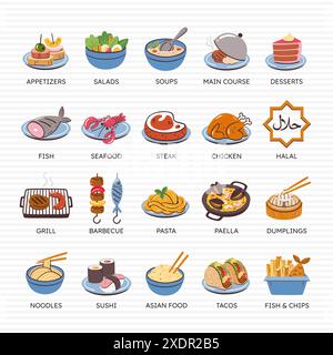 Restaurant icon set. Hand-drawn colorful icons for restaurants: salads, soups, international food and more. Set 4 of 4. 20 vector icon set. Stock Vector