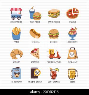 Restaurant icon set. Hand-drawn colorful icons for restaurants: burgers, sandwiches, pizzas, ice cream and more. Set 3 of 4. 16 vector icon set. Stock Vector