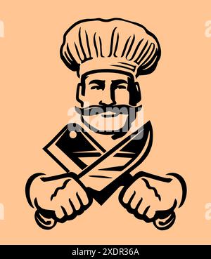 Meat cleaver knife and chef hat flat color icons with quadrant frames ...