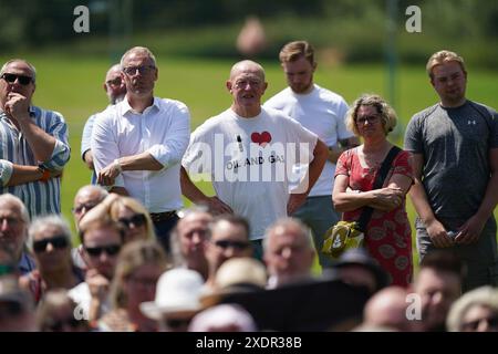 People wait for a speech by Reform UK leader Nigel Farage at the Mercure Maidstone Great Danes Hotel in Maidstone Kent. Picture date: Monday June 24, 2024. Stock Photo