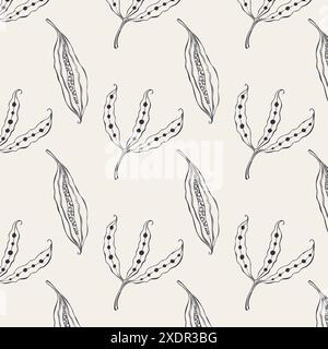 Botanical natural pattern with outline seed pods, hand drawn doodles on pastel background. For packaging, textile covering. Vector illustration Stock Vector