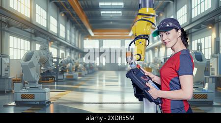 A young female technician while machine constructing in a manufacturing plant Stock Photo