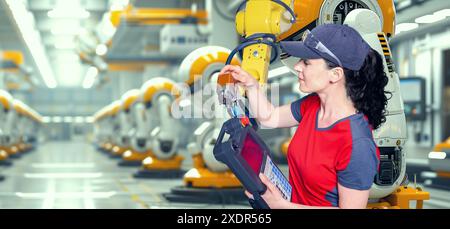 A young female technician while machine constructing in a manufacturing plant Stock Photo