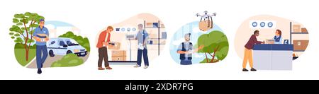 Postal delivery service. Post office. Sending, receiving and processing parcels and letters. Drone carrying cardboard box. Courier in uniform Stock Vector