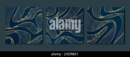 Vector set of gold line abstract cards, elegant square banners, premium design frames. Dark business patterns with ribbons. Stock Vector