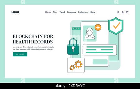 Blockchain for health records concept. Secure digital storage with advanced encryption for personal medical data. Responsive interface design. Vector illustration. Stock Vector