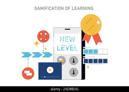 Soft Skills Training concept. Vector illustration showcasing a mobile phone with a 'New Level' message, symbolizing progress and rewards in learning. Stock Vector