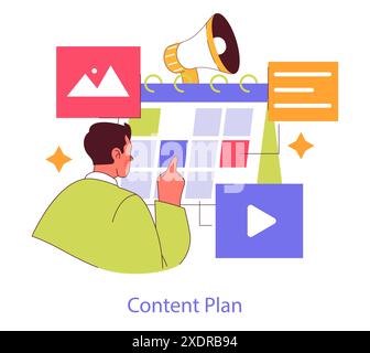 Digital Strategy concept. Strategic planning for social media content with visual elements like posts, videos, and megaphone. A person organizing a schedule. Vector illustration. Stock Vector