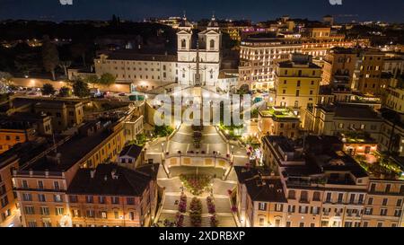 Beautiful Drone Shot Above Famous Spanish Steps in Rome, Italy at Night Stock Photo