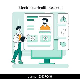 Electronic Health Records concept. Doctor reviews a digital patient profile on a large computer screen. Interactive medical data management. Vector illustration. Stock Vector