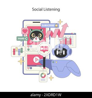 Digital Strategy concept. AI and analytics in monitoring social media trends. Engaging content tracking, subscriber interaction analysis. Vector illustration. Stock Vector
