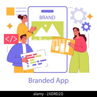 Branded App concept. Illustration of a team creating a custom mobile application, emphasizing teamwork and technology. Vector illustration. Stock Vector