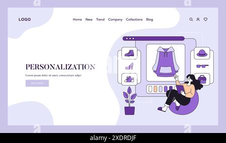 Personalization concept. Online shopping experience with a woman customizing products on a digital screen. Tailored e-commerce and user preference. Vector illustration. Stock Vector