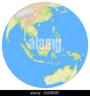 View of the Earth from space showing the location of the country Brunei in Asia. The country is highlighted with a red polygon. Small countries are al Stock Photo