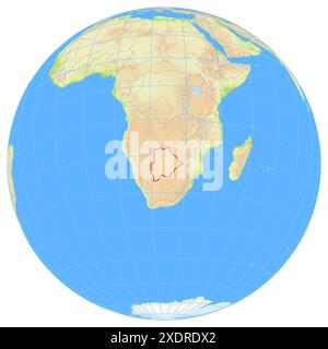 View of the Earth from space showing the location of the country Botswana in Africa. The country is highlighted with a red polygon. Small countries ar Stock Photo