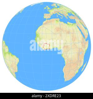 View of the Earth from space showing the location of the country Ivory Coast in Africa. The country is highlighted with a red polygon. Small countries Stock Photo