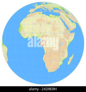 View of the Earth from space showing the location of the country Gabon in Africa. The country is highlighted with a red polygon. Small countries are a Stock Photo