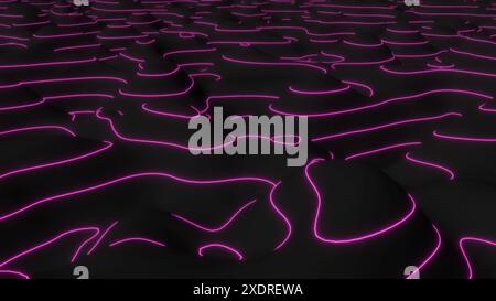 3D Topographic map Elevation graphic contour height purple glow lines 3d render Stock Photo