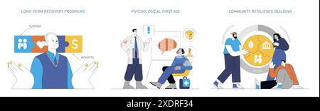 Disaster psychology set illustrating long-term recovery, first aid, and community resilience strategies. Support, benefits, and governance themes. Vector illustration. Stock Vector