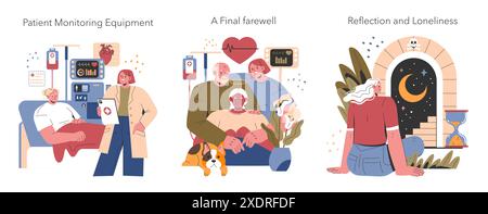 Euthanasia concept set. Patient end-of-life care, emotional goodbye moment, contemplation on mortality. Compassionate terminal illness support. Vector illustration. Stock Vector