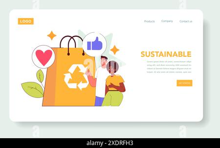 Social Responsibility concept. Consumers with eco-friendly bag promoting sustainability. Positive impact, recycling symbol, caring for the planet. Vector illustration. Stock Vector
