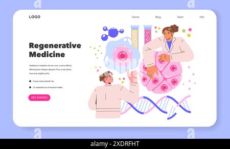 Future Medicine concept. Scientists explore cell regeneration, with test tubes and DNA strands, heralding advanced healthcare solutions. Vector illustration. Stock Vector