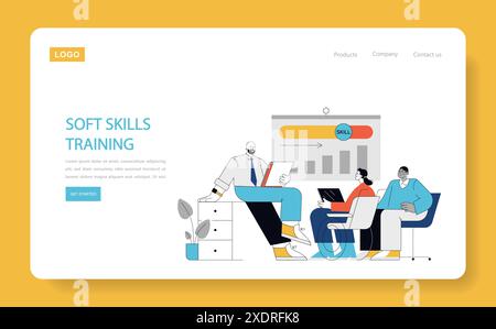 Soft Skills Training concept. Professionals engaging in personal development with interactive tools in a workshop setting. Collaborative learning, communication enhancement. Vector illustration. Stock Vector