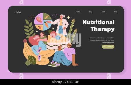 Nutritional Therapy concept. A balanced diet demonstrated through colorful food groups and happy individuals. Holistic health approach and wellness. Vector illustration. Stock Vector