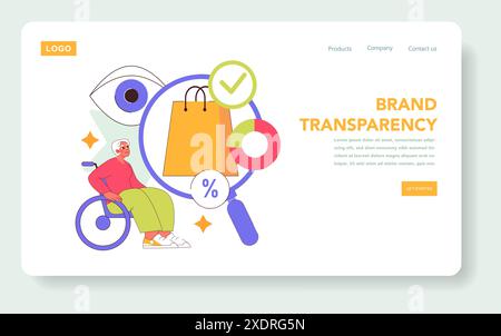 Brand Authenticity concept. Inclusive shopping experience with a focus on brand transparency. Senior woman in a wheelchair with shopping icons. Vector illustration. Stock Vector