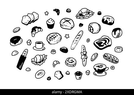 Cute line doodle bakery elements. Hand drawn pastry, bread, croissants, sandwiches, baguette, toasts, donuts. Minimalist sketch vector icons. Breakfas Stock Vector