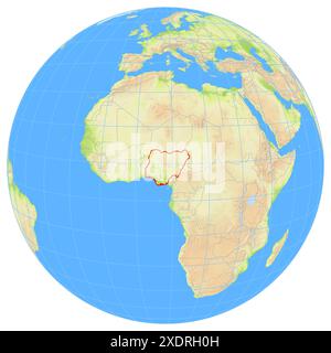 View of the Earth from space showing the location of the country Nigeria in Africa. The country is highlighted with a red polygon. Small countries are Stock Photo